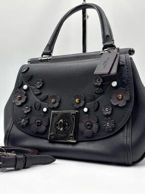 Coach Black Leather Drifter Willow 54079 Floral Appliqué Satchel